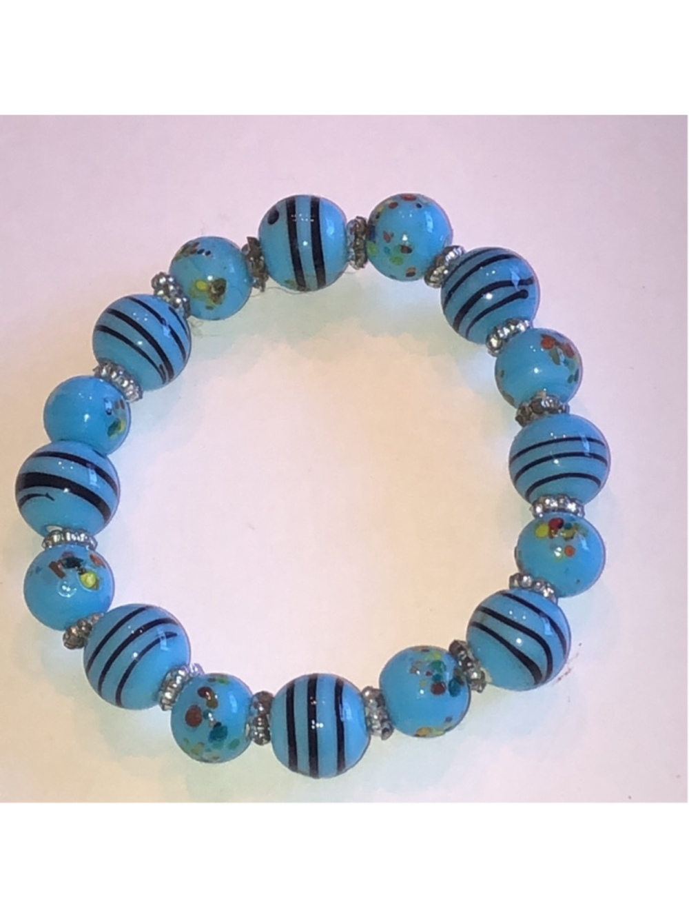 Blue Glass Beads Striped Spotted Beaded Boho Stretchy Bracelet